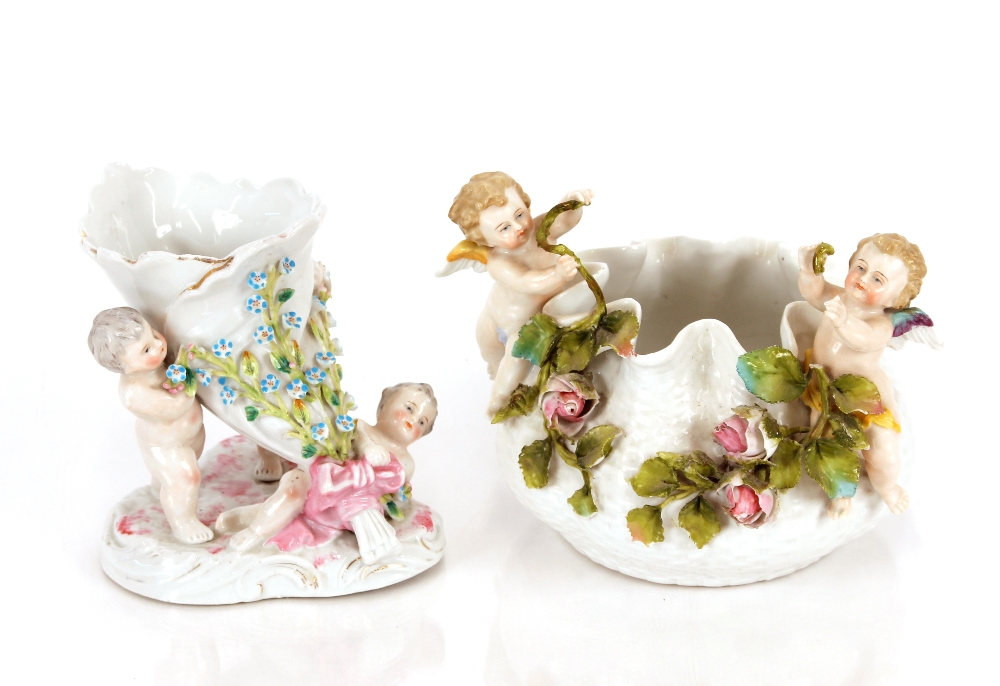 Two continental porcelain posy vases, with floral encrusted and cherub decoration; a pair of Sampson - Image 2 of 2