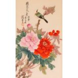 A pair of Chinese silk pictures, decorated birds and flowers 50cm x 33cm