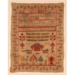 A 19th Century sampler, worked by Anne Taylor Aged 9, decorated flowers, birds, trees, numbers and