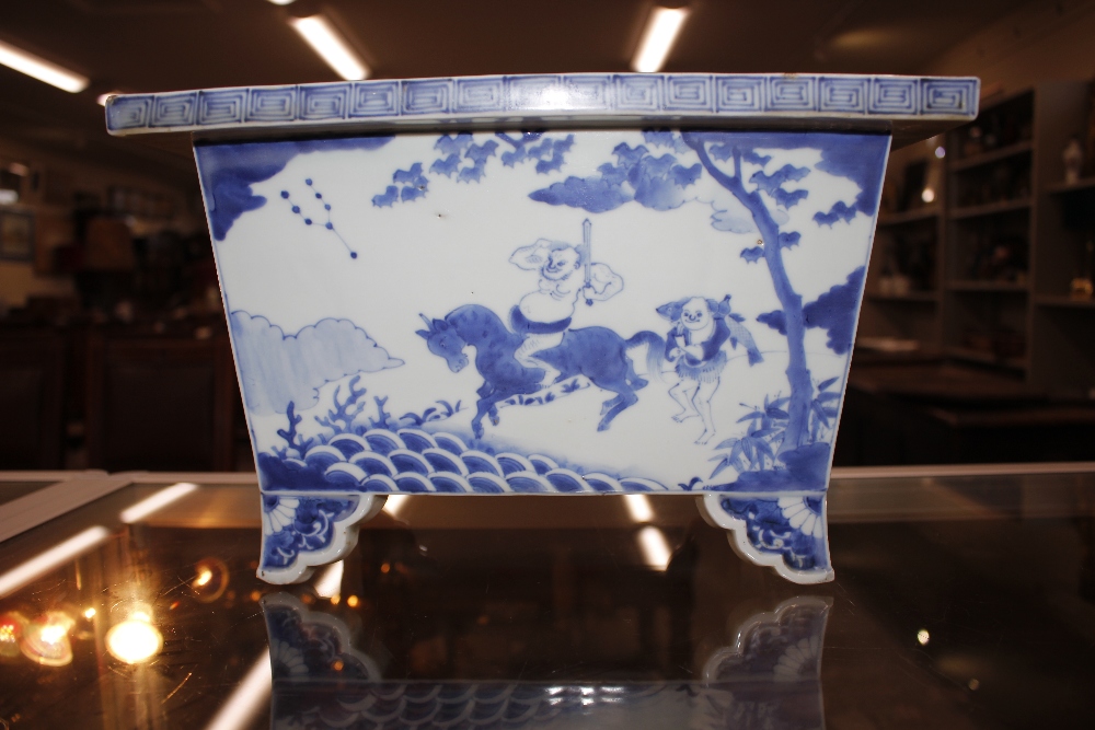 A large 19th Century Oriental blue and white rectangular cache pot, decorated with figures, - Image 10 of 17