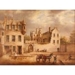 19th Century French school, view of a country house with figures and horse drawn cart, unsigned