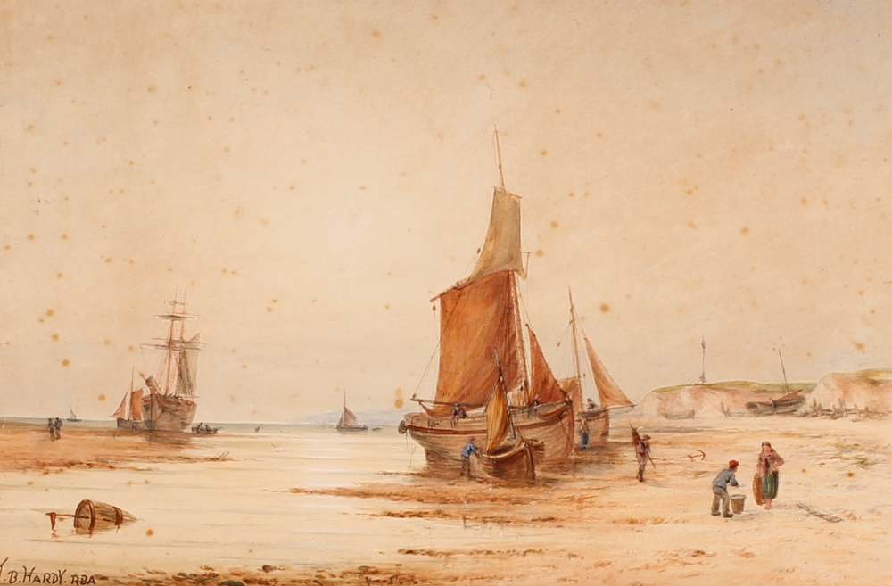 Victorian school, bears signature T.B,Hardy, study of fishing vessels being unloaded, watercolour,