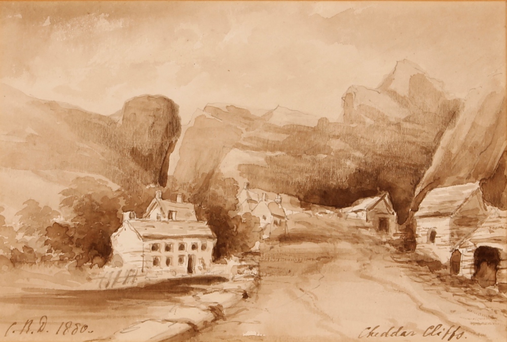 C.P. Davey, "Cheddar Cliffs" monochrome watercolour initialled 1880, 17cm x 24cm