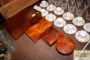 A mahogany trinket box and three various burr wood