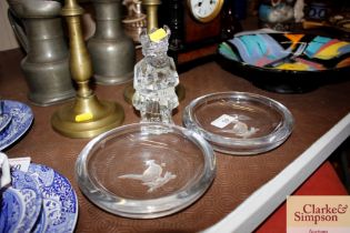 Two glass dishes decorated with pheasants; and a m