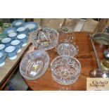 Two heavy cut glass bowls; a glass jelly mould etc