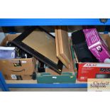A box containing a plate warmer; stationery rack etc