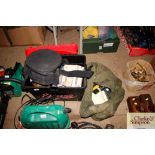 A fishing box seat and bag and contents of various