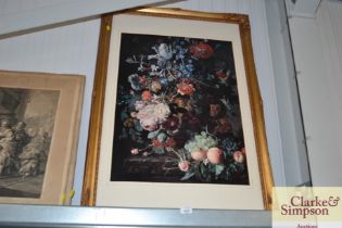 A floral print in frame, lacking glass