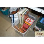 A box of various vintage games, cribbage board, sn