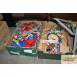 Two boxes of various wooden railway and plastic rai