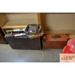 Two vintage suitcases and two vintage tennis racke