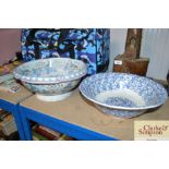 A laburnum wash bowl together with a blue and whit