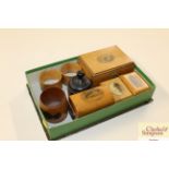 A box of various Mauchline ware items