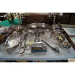 A quantity of various silver plated ware etc. to include gallery tray, pair of candelabra's,