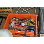 A plastic crate containing various tools and fitti