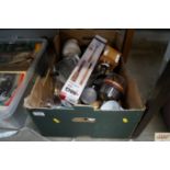 A box of various sundry glass and china and kitche