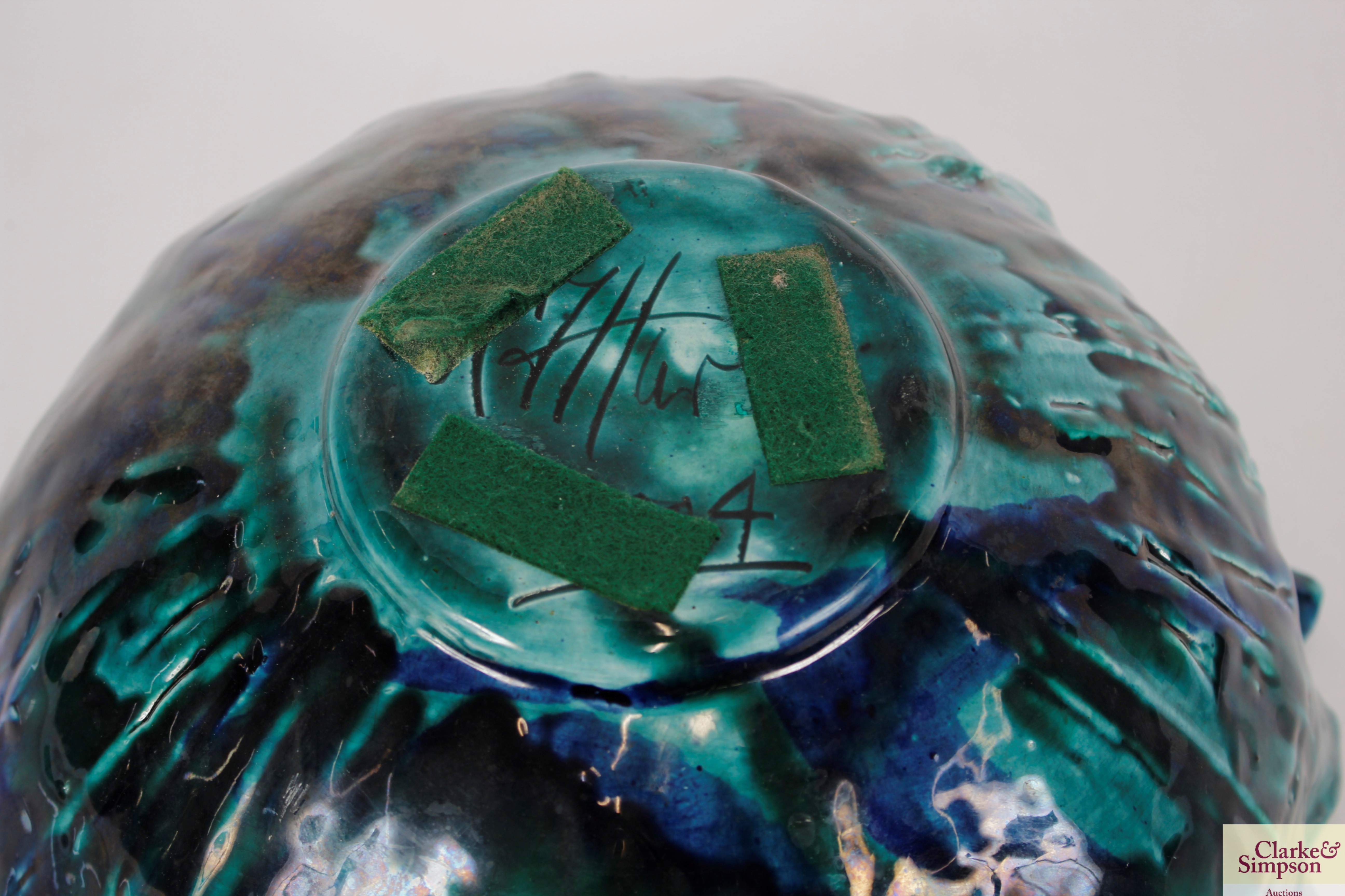 A turquoise glazed Studio Pottery bowl, with leaf - Image 2 of 2