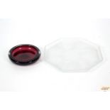 A mauve Art Glass bubble decorated bowl and an Art Deco style frosted glass octagonal tray