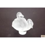 A French frosted glass swan group, 8cm high