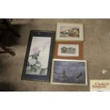 A box of framed prints and watercolours