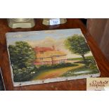 An oil on canvas painting of a cottage indistinctl