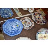 Two ironstone plates; a blue and white decorate We