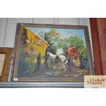 An oil on canvas depicting gypsy caravans, signed