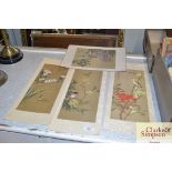 Four Oriental watercolours on silk