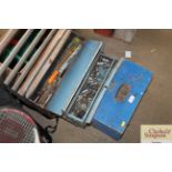 Two cantilever tool boxes and a wooden tool box an