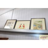 Three framed prints, "The Hunting Port", "Cambridg
