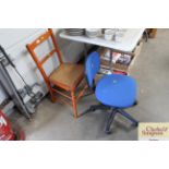 A child's office chair and a wooden cane dining ch