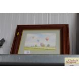 A watercolour depicting hot air balloons, signed t