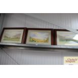Three watercolours depicting golfers, signed to bo