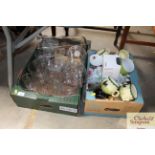 Two boxes containing table glassware, water jugs,