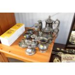 A quantity of silver plated tea pot, candlesticks