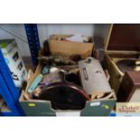 A box of various sundry items to include empty car