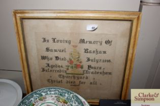 A 19th Century embroidery "In Loving Memory of Sam