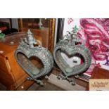 A pair of heart shaped coppered orangery lamps