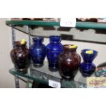 Five Bohemian style glass vases