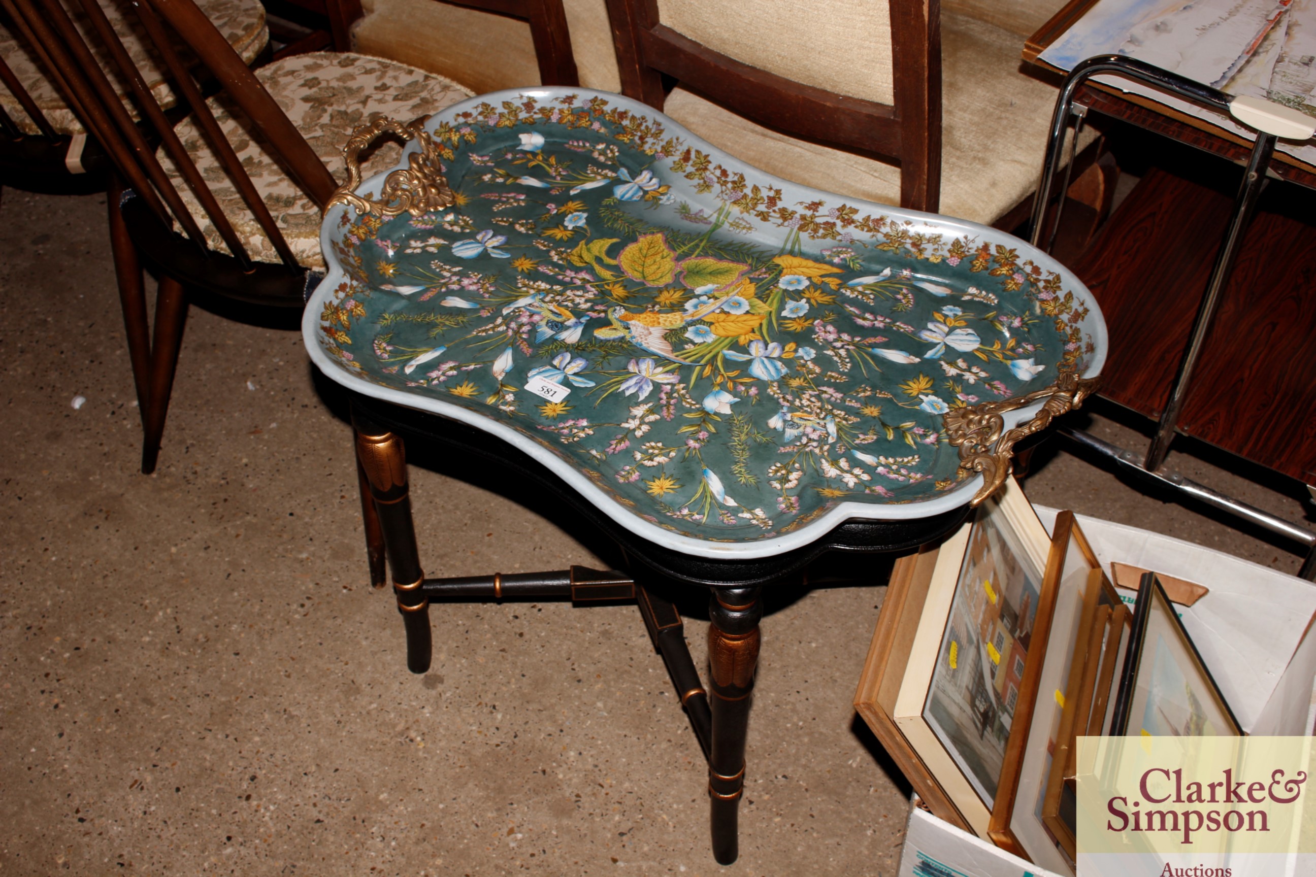 A porcelain tray on stand having profuse floral an