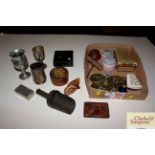 A tray box and contents of wooden and metal ware t