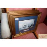 Four framed and glazed prints depicting sailing sh