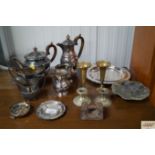 A quantity of metal ware to include a silver plate