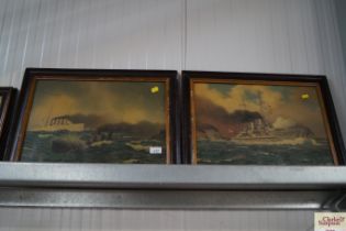Two prints depicting warships