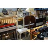 A cream and gilt cheval mirror and dressing table