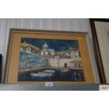 A framed oil of a habour scene indistinctly signe