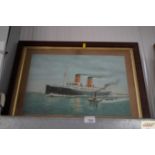 A framed and glazed print depicting a war ship