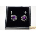A pair of Sterling marcasite and amethyst ear-rings