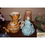 An Art Deco jug; a Studio Pottery vase; "Mary Had A Little Lamb" teapot; an Art Deco teapot etc.